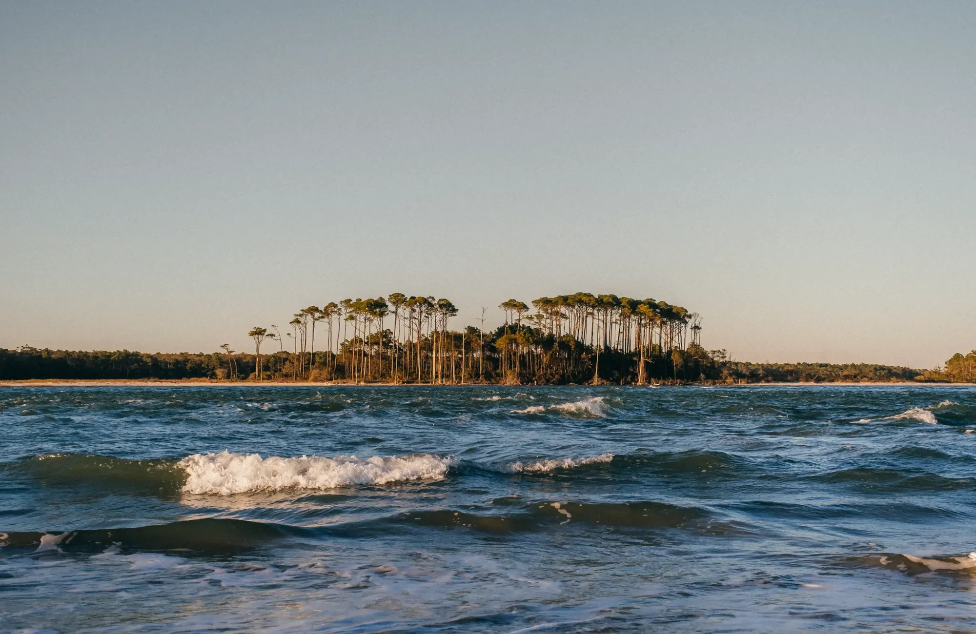 Low sun golden light on distant tree covered island with choppy blue sea.