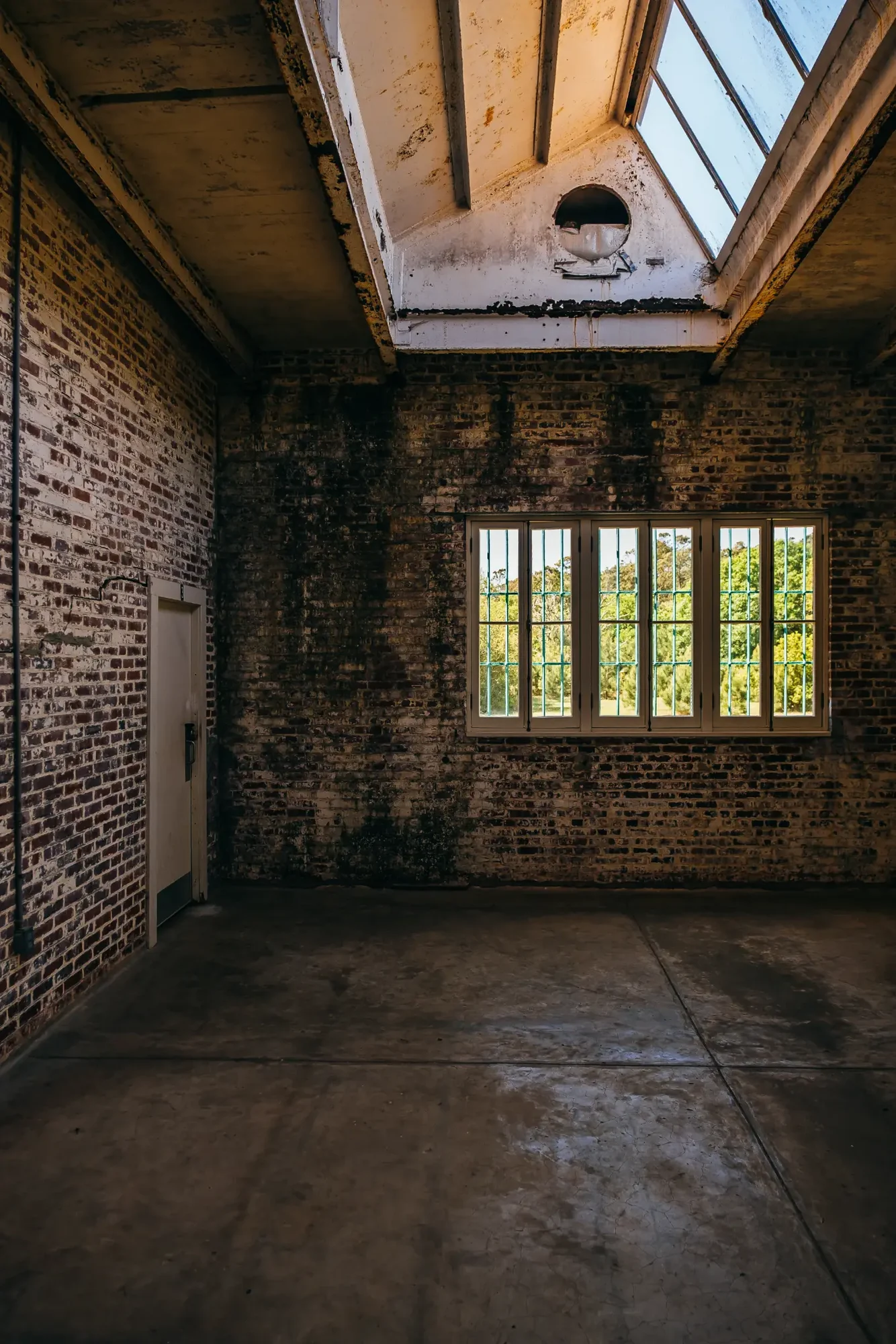 Sunlit interior room with weathered brick walls glazed skylight barred window and concrete floor.