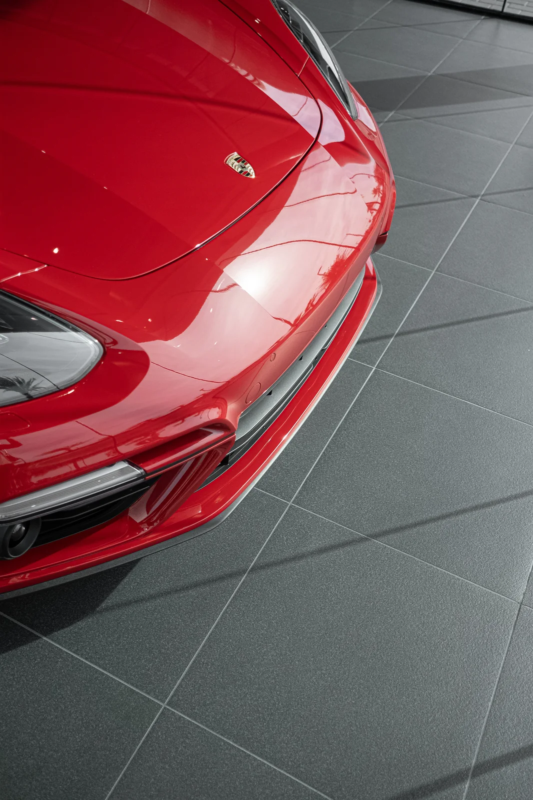 Vertical study of the red Porsche hood and crest.
